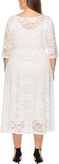 Eternatastic Women's Floral lace Plus Size Midi Dress - White