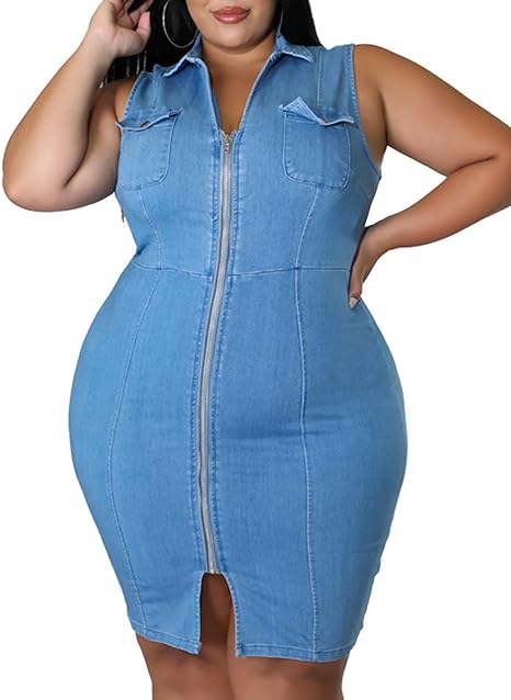 Full Zipper Bodycon Denim Dress V-Neck Plus Size Mini Dress - Light Blue