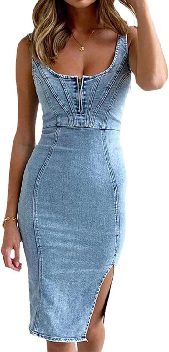 Chic Denim Wrap Bodycon Midi Dress - Blue