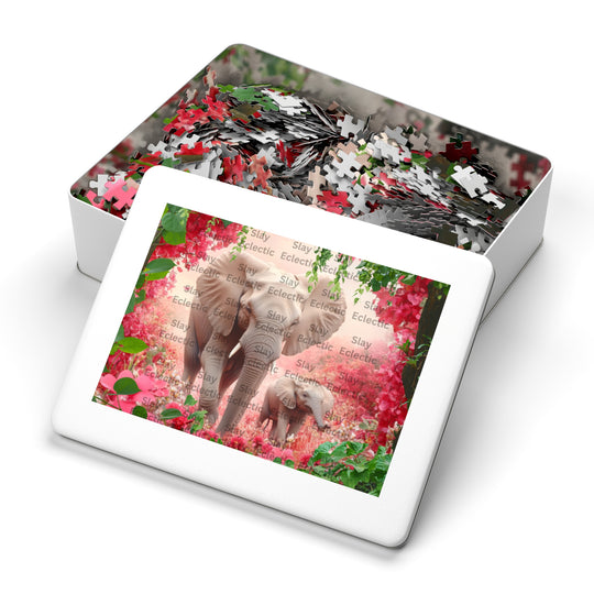 Elephant Family Jigsaw Puzzle with Tin – Perfect for Nature Lovers & Family Fun AI Art