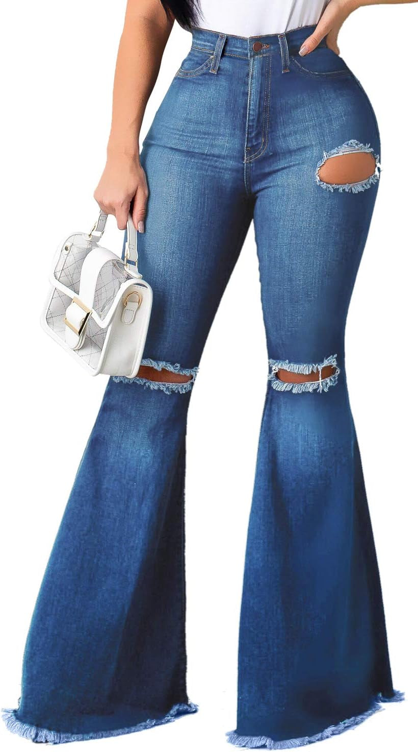 Chic High-Waisted Flared Denim Jeans with Distressed Details for Women-Slay Eclectic