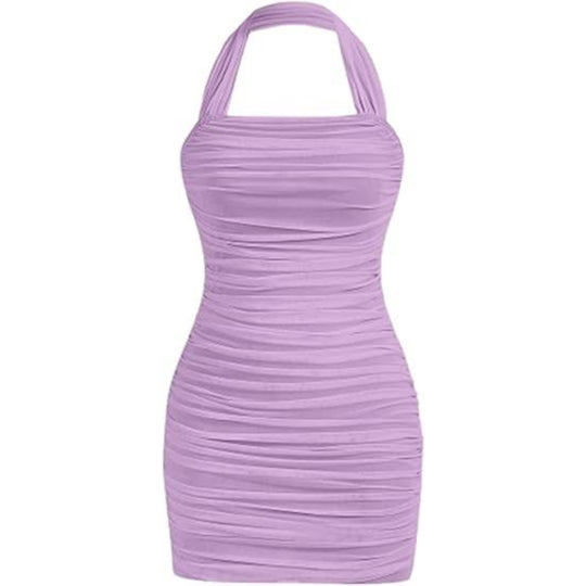 Casual Sleeveless Halter Pencil Bodycon Mini Dress - Purple