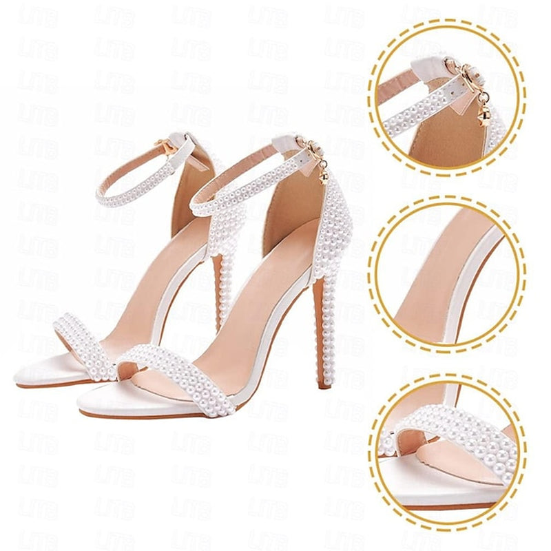 Women'S White Pearl Embellished Wedding Heels with Bow and Ankle Strap – Elegant Bridal Shoes for Weddings and Formal Events