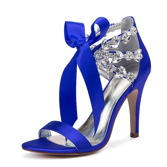 Women'S Royal Blue Satin High Heel Sandals – Rhinestone Embellished with Bow Tie Design for Weddings or Formal Events