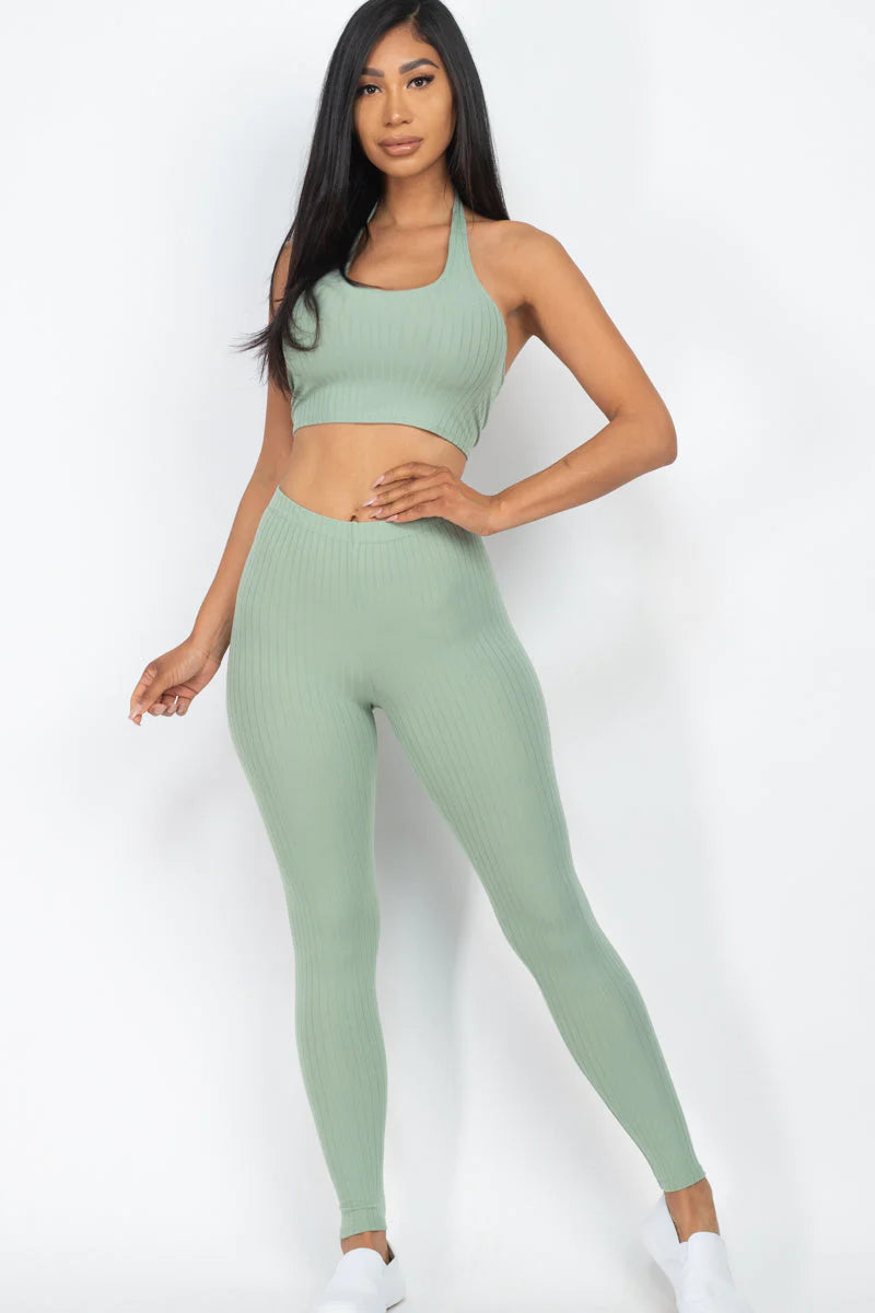 Chic Ribbed Halter Neck Crop & Leggings Ensemble (CAPELLA)-Slay Eclectic