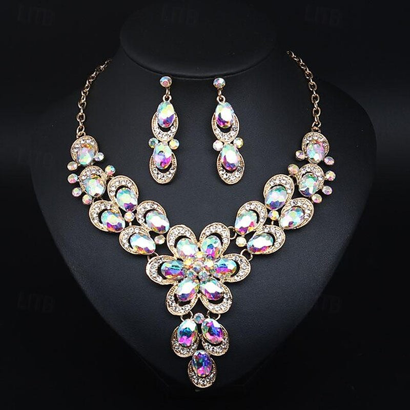 Jewelry Set 3Pcs Rhinestone Alloy Earrings Necklace Women'S Vintage Fashion Cute Geometrical Geometric Jewelry Set for Wedding Party Anniversary