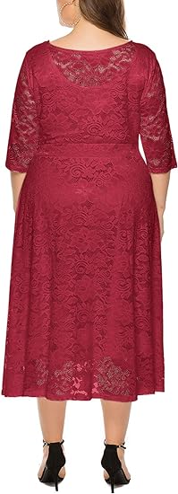 Eternatastic Women's Floral lace Plus Size Midi Dress - Red