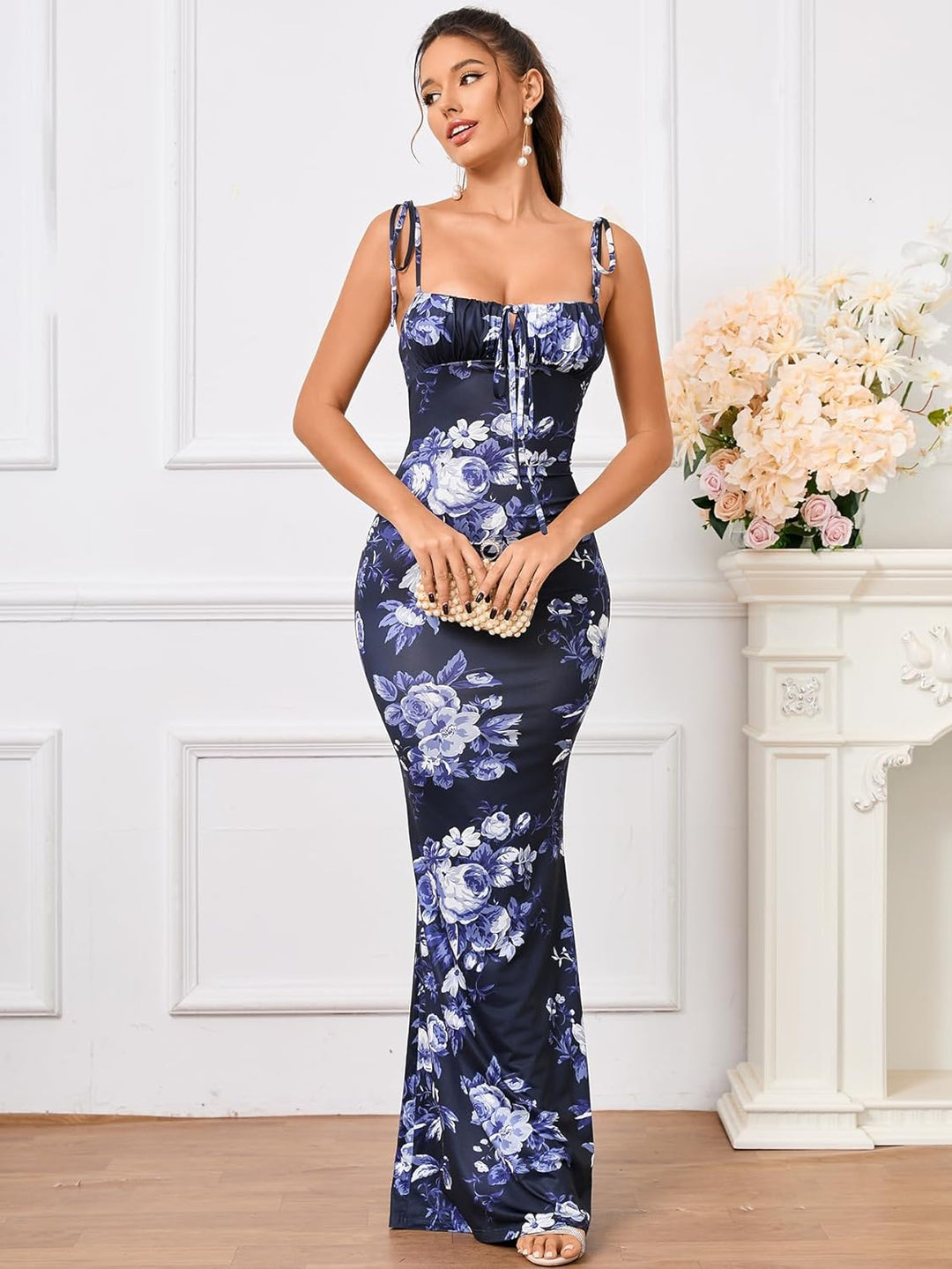 Spaghetti Strap Floral Charm Bodycon Maxi Dress - Navy Blue