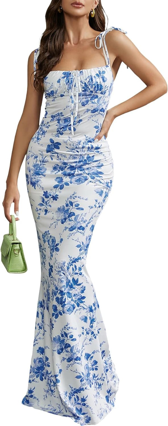 Women's Summer Floral Bodycon Maxi Spaghetti Strap Sleeveless Dress - Blue