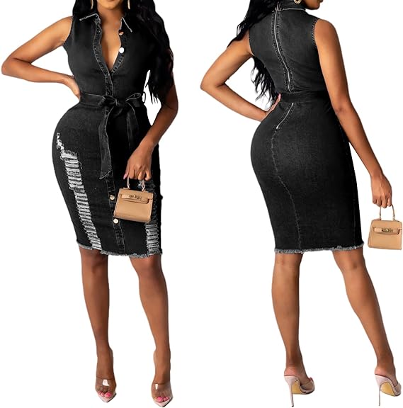 Bodycon Sleeveless Club Night Jean Belted Dress - Black