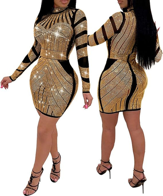 Rhinestone Long Sleeve Night Club Dress - Gold