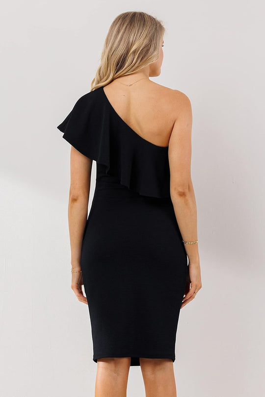 Blossom One Shoulder Bodycon Midi Dress - Black