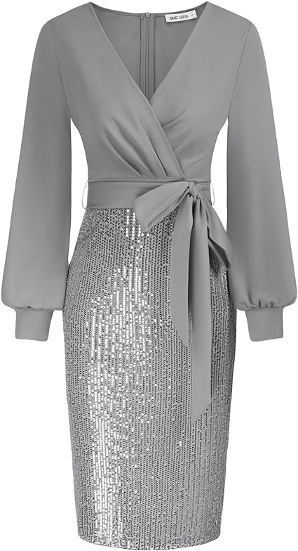 Sparkly Cocktail Bodycon Long Sleeve Dress - Metallic