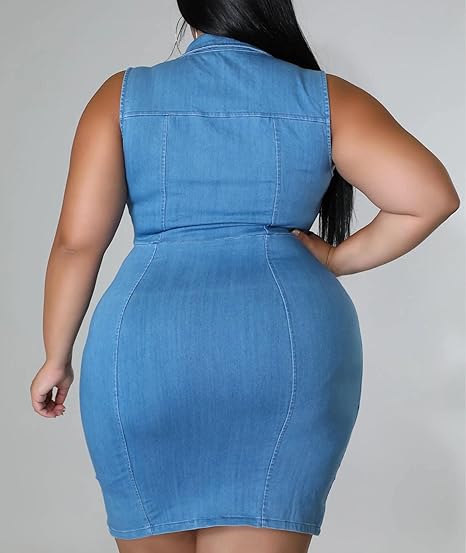 Full Zipper Bodycon Denim Dress V-Neck Plus Size Mini Dress - Light Blue