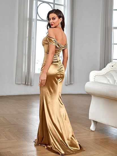 Off Shoulder Slit Cocktail Bodycon Maxi Dress - Gold