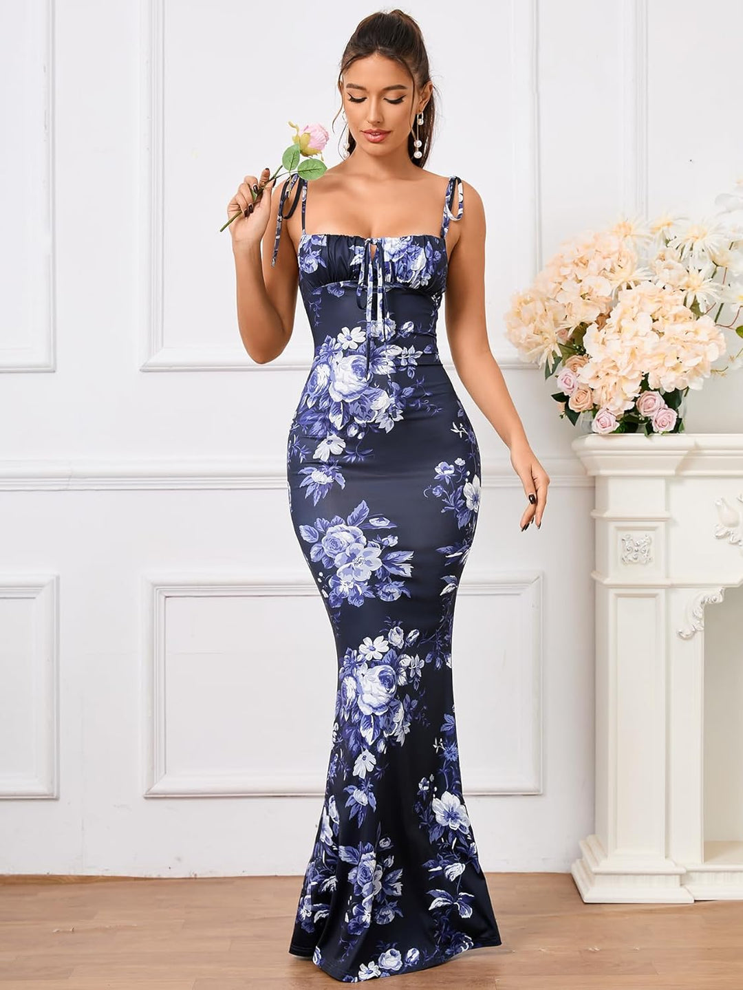 Spaghetti Strap Floral Charm Bodycon Maxi Dress - Navy Blue