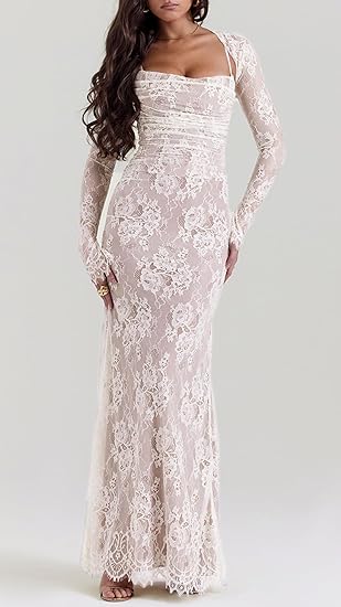 Vintage Lace Maxi Bodycon Dress -  Cream