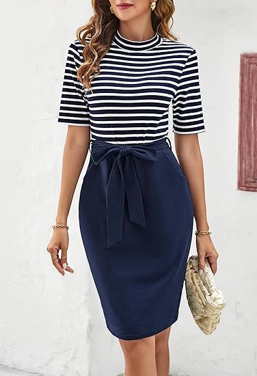 T-Shirt Mock Neck Office Party Dresses with Pockets - Blue