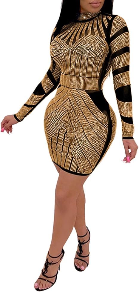 Rhinestone Long Sleeve Night Club Dress - Gold