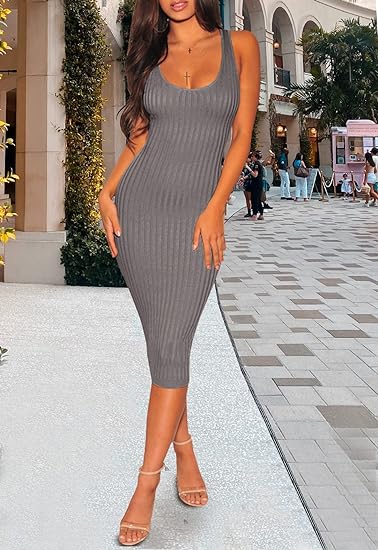 Bodycon Ribbed Scoop Neck Midi Dress - Gray** (**please see shipping policy)