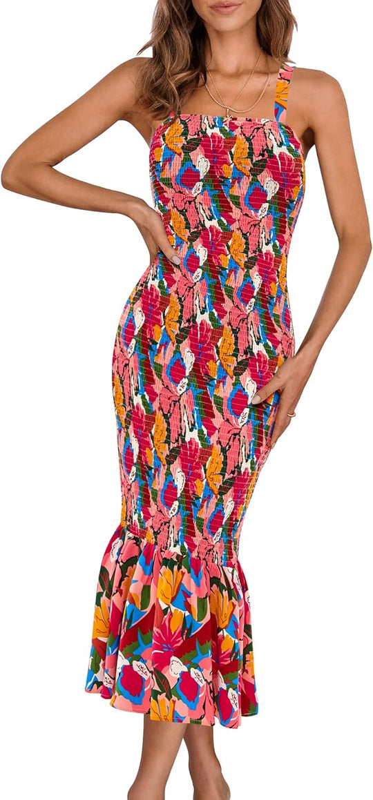 Spaghetti Strap  Floral Fab Bodycon Maxi Dress