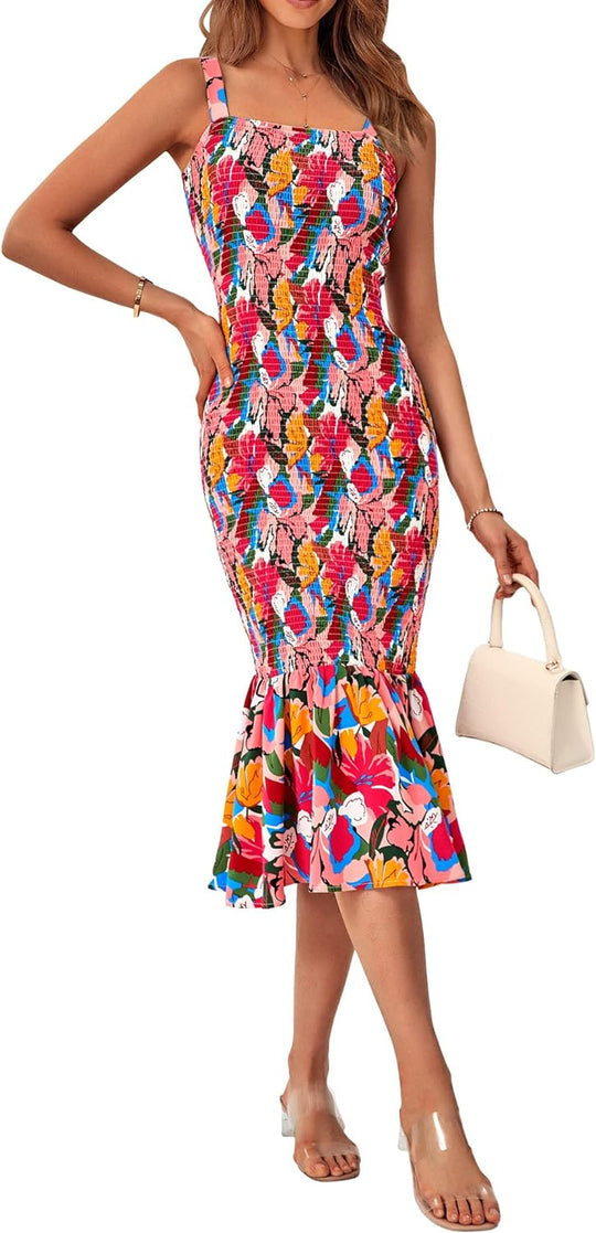 Spaghetti Strap  Floral Fab Bodycon Maxi Dress