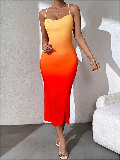 Crisscross Cami Backless Cowl Neck Bodycon Dress - Orange