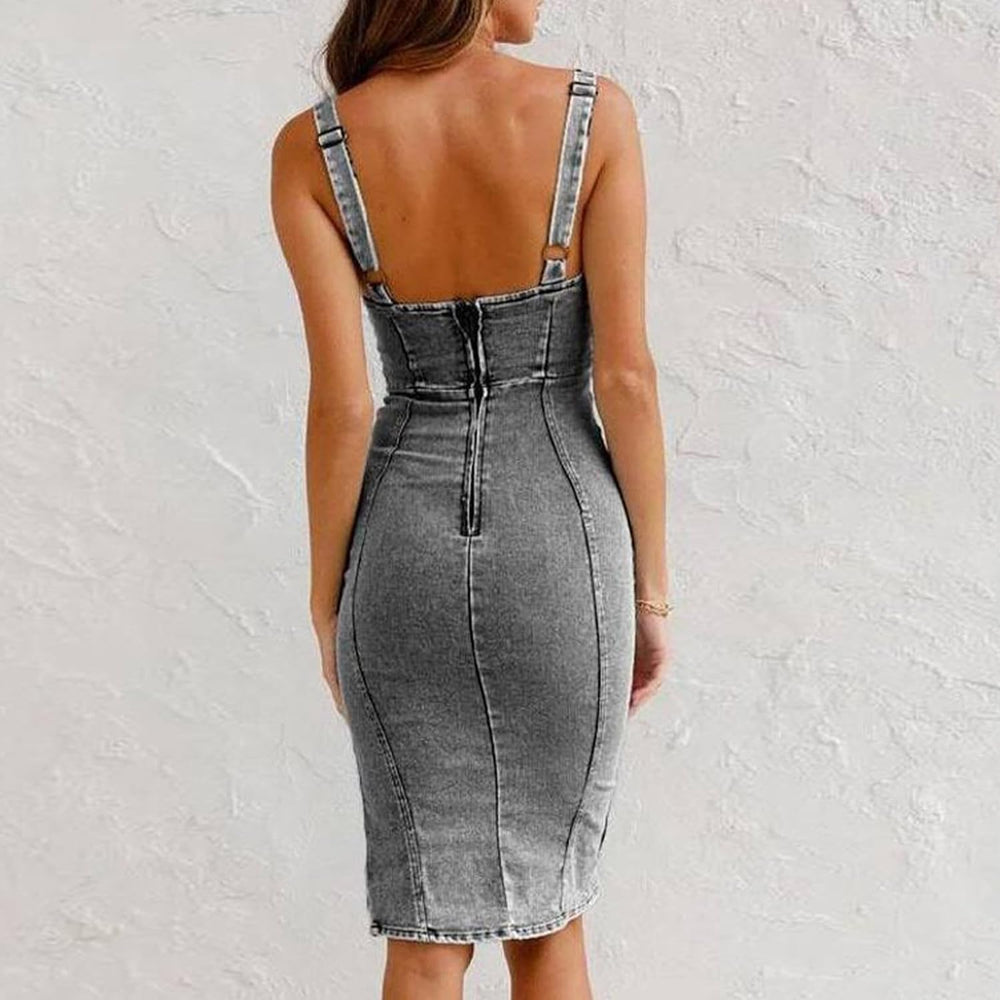 Chic Denim Wrap Bodycon Midi Dress - Gray