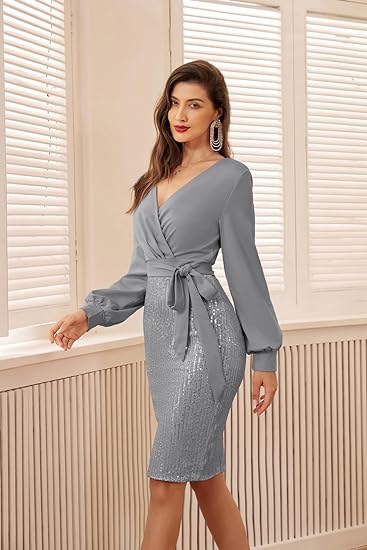 Sparkly Cocktail Bodycon Long Sleeve Dress - Metallic