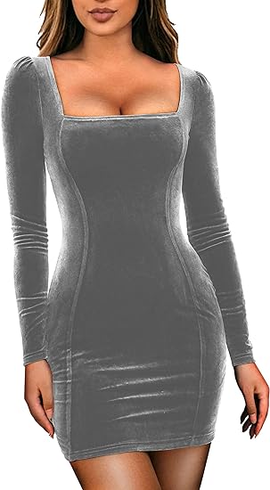 Elegant Long Sleeve Bodycon Velvet Mini Dress - Gray