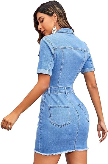 Denim Short Sleeve Bodycon Mini Dress - Blue