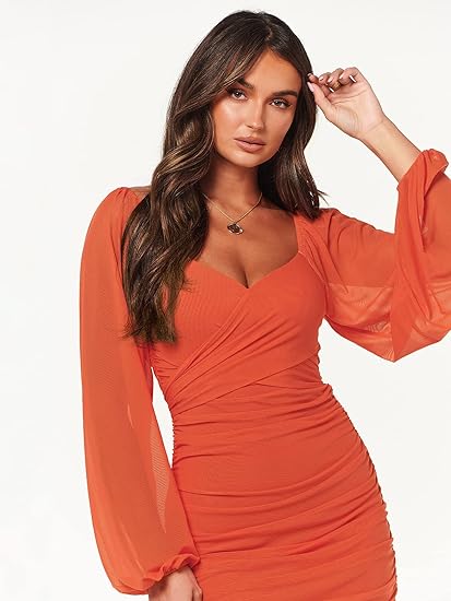 V-Neck Ruched Bodycon Mini Puff Dress - Orange