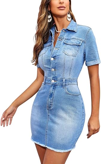 Denim Short Sleeve Bodycon Mini Dress - Blue