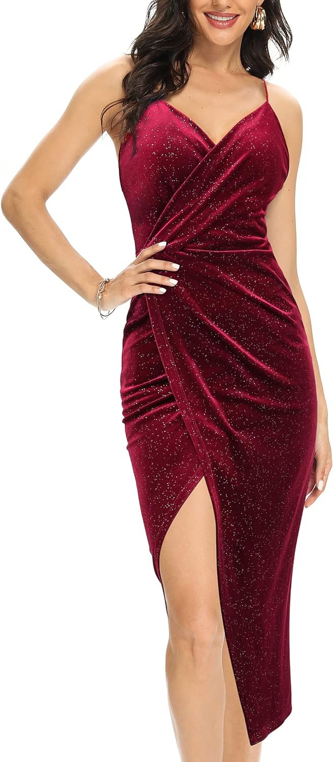 V-Neck Glitter Bodycon Midi Dress - Wine