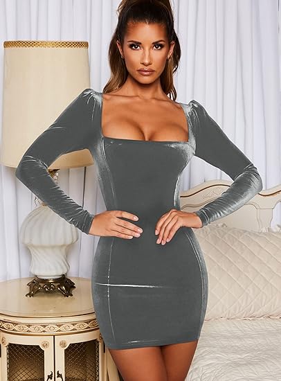 Elegant Long Sleeve Bodycon Velvet Mini Dress - Gray