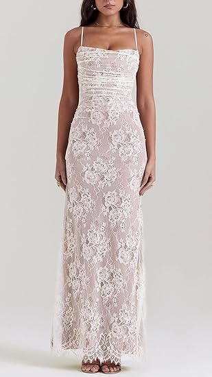 Vintage Lace Maxi Bodycon Dress -  Cream