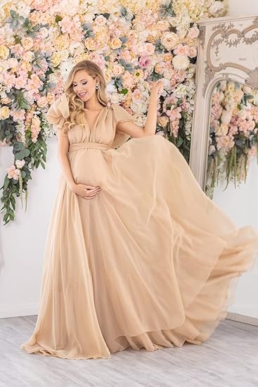 Baby Shower Sheer Puffy Gown V Neck Maternity Dress - Pink