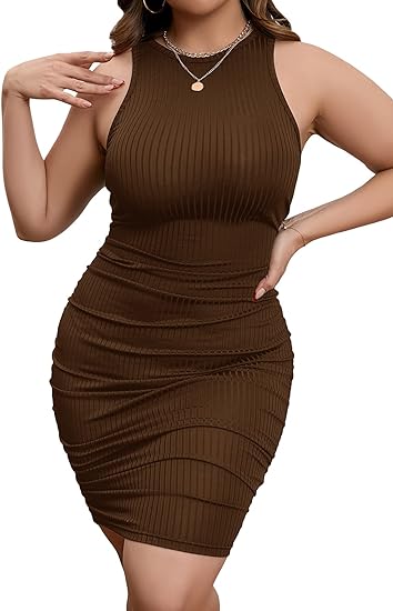 Women's Plus Size Round Neck Sleeveless Ribbed Knit Bodycon Dress -  Brown