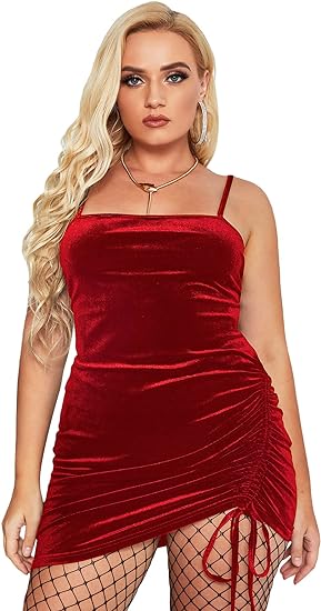 Plus Size Spaghetti Strap Velvet Mini Bodycon Dress - Red