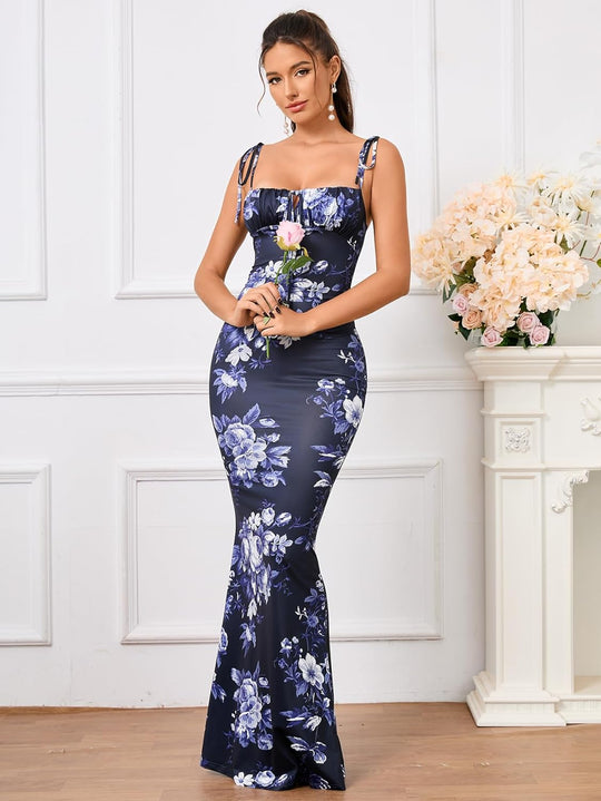 Spaghetti Strap Floral Charm Bodycon Maxi Dress - Navy Blue