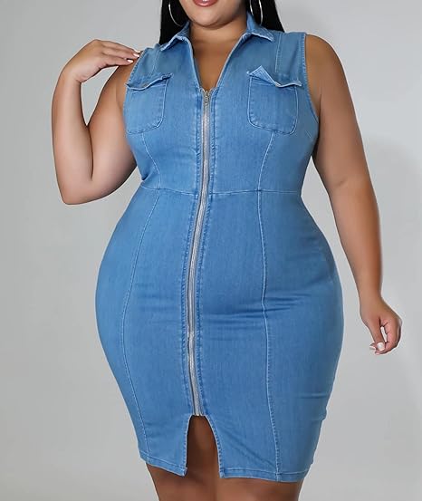 Full Zipper Bodycon Denim Dress V-Neck Plus Size Mini Dress - Light Blue