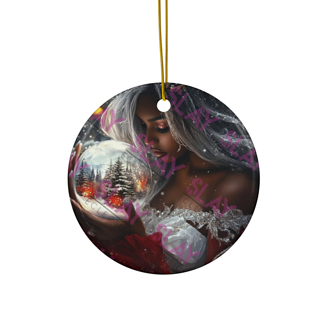 Elegant Holiday Ceramic Original AI Art Ornament - 3 Unique Shapes of Beautiful Black Woman Holding Snow Globe