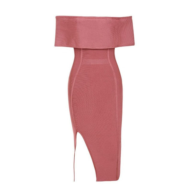 Slash Neck Bodycon Midi Dress - Pink