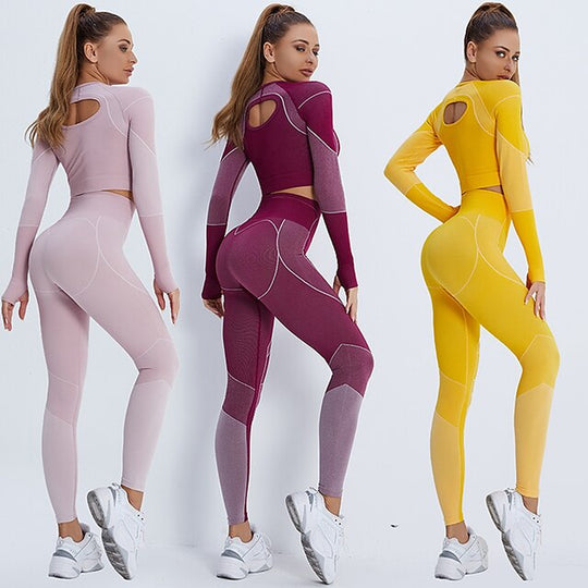 Women'S Activewear Set Workout Sets Winter 2 Piece Cropped Stripes Leggings Crop Top Yellow Pink Spandex Yoga Fitness Gym Workout Tummy Control Butt Lift Breathable Sport Activewear Stretchy