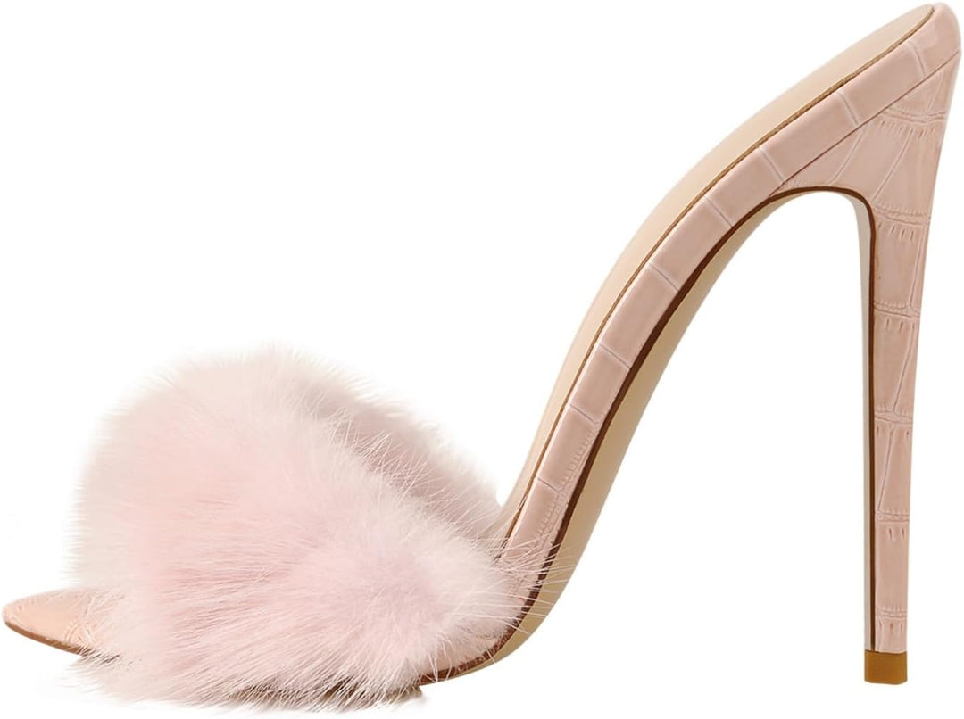 Women'S Fur Fuzzy Mules Slip on High Heels Sandals