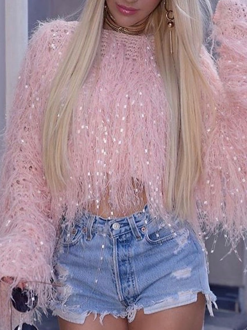 Women'S Valentine Pink Sweater Casual Soft Pure Color Ribbed Crew Neck Tassel Knitted Long Sleeve Crop Tops Knit Outdoor Daily Weekend Pink Red Fall Winter