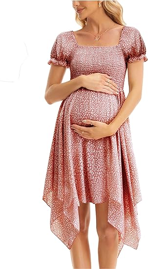 Square Neck Flowy Irregular Hem Baby Shower Dress - Pink