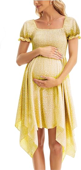 Square Neck Flowy Irregular Hem Baby Shower Dress - Yellow