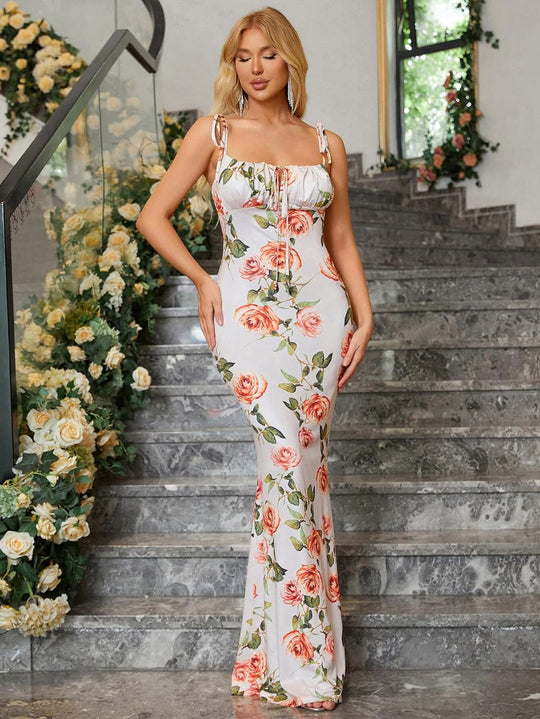 Spaghetti Strap Floral Vibe Bodycon Maxi Dress - White