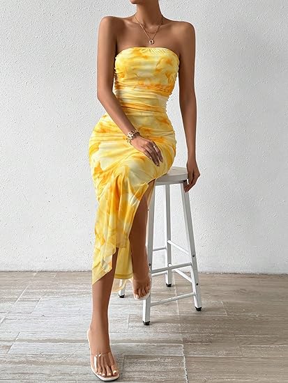 Mesh Floral Bodycon Maxi Dress - Yellow